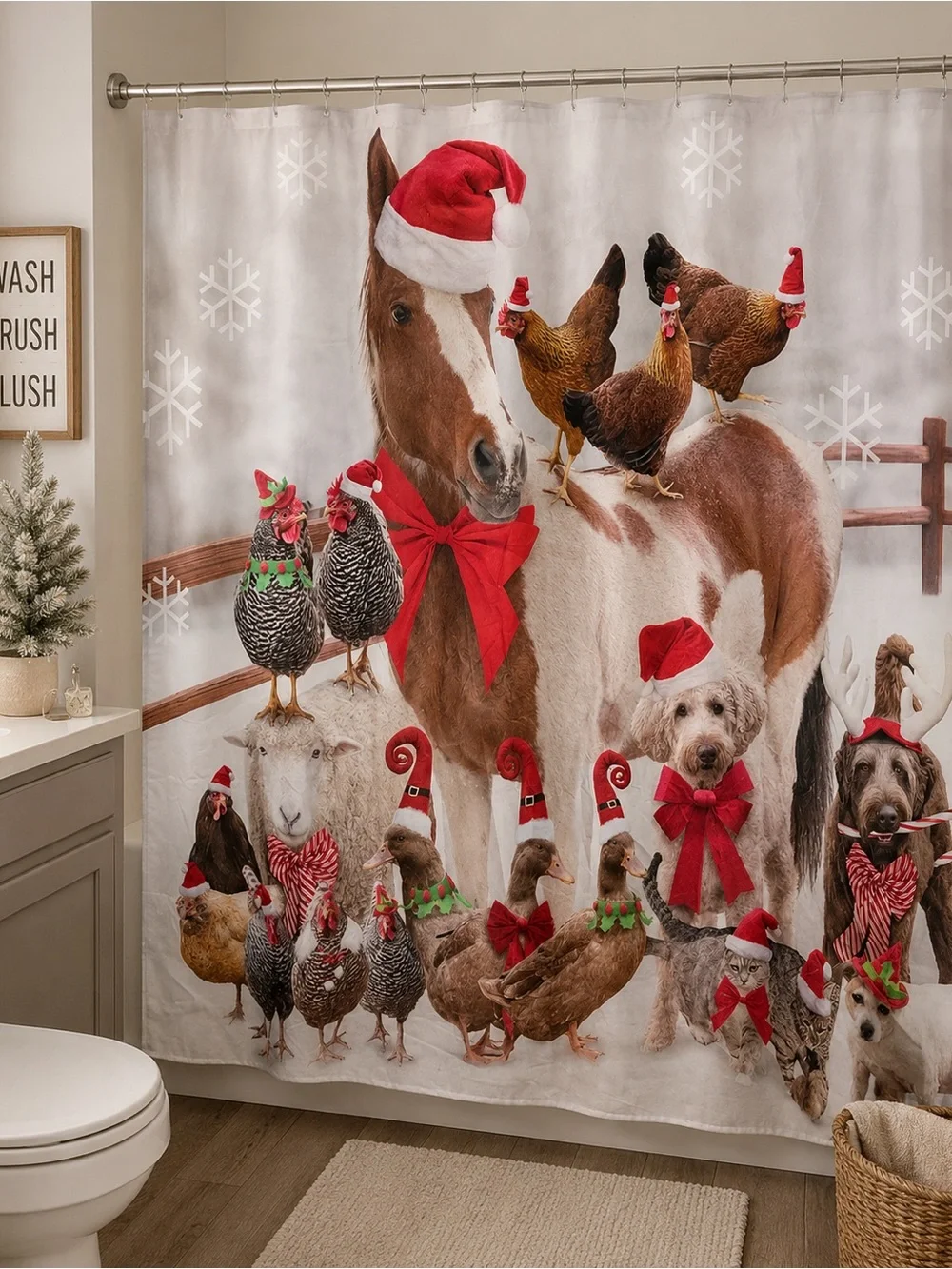 Christmas Farm Animal Shower Curtain 70” x 70” | Horse Chickens Sheep & Dogs